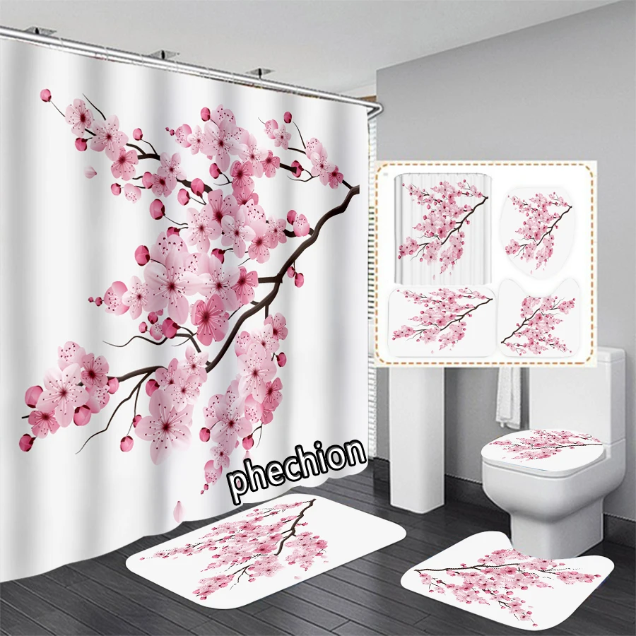 New Cherry Blossom 3D Print Shower Curtain Waterproof Bathroom Curtain Anti-slip Bath Mat Set Toilet Rugs X02