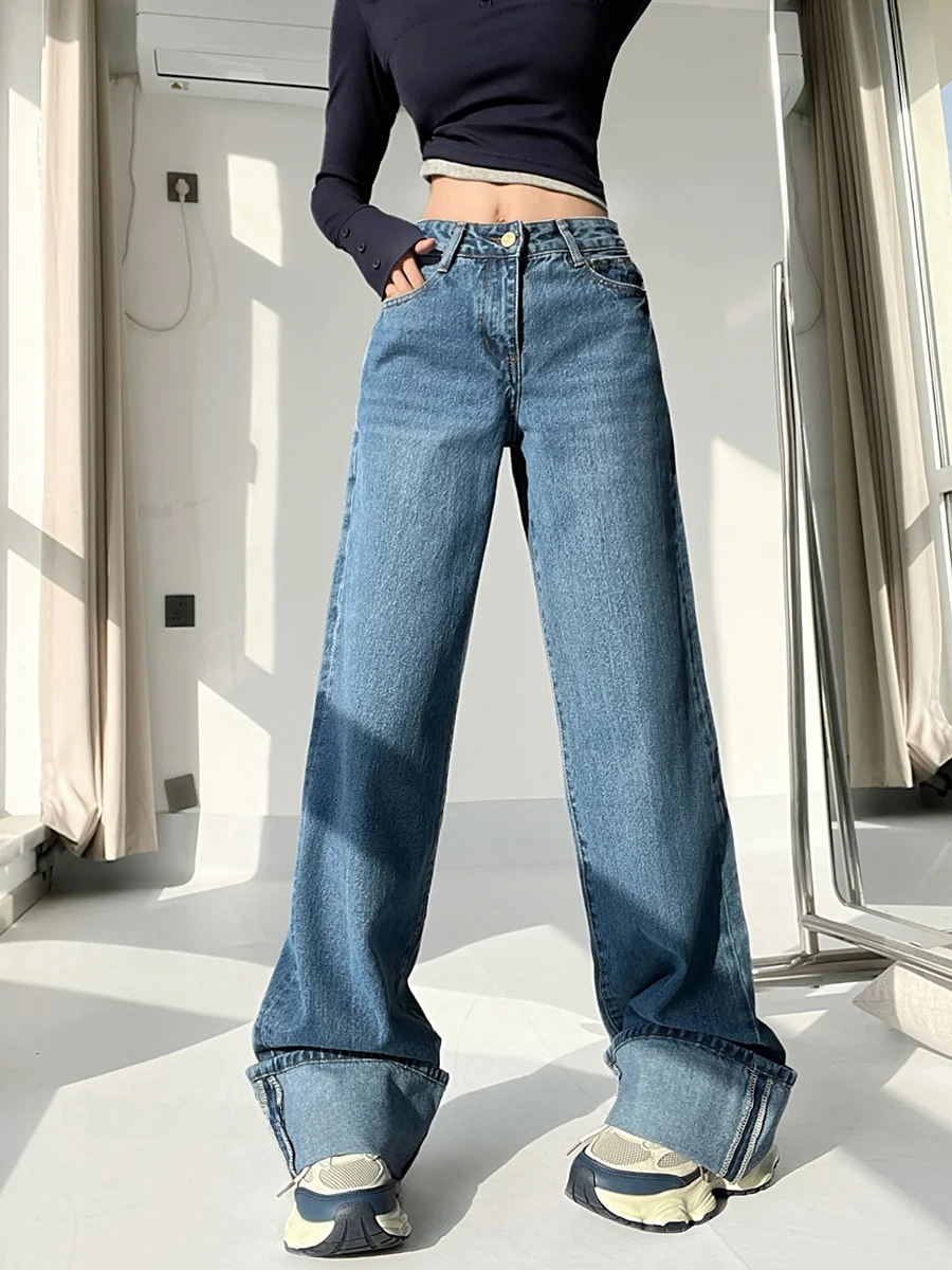 Basic Straight Leg High Waist Cuffed Slim Fit No Stretch Denim Pants Loose Wide Leg Floor Length Trousers Vintage Style