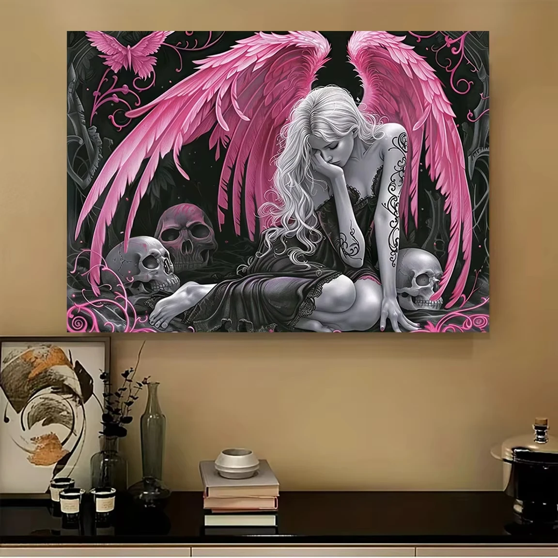Dark Gothic Angel Tapestry with Pink Wings And Skull Art for Bedroom Bar Hip Industrial Style Home Decor Cool Space