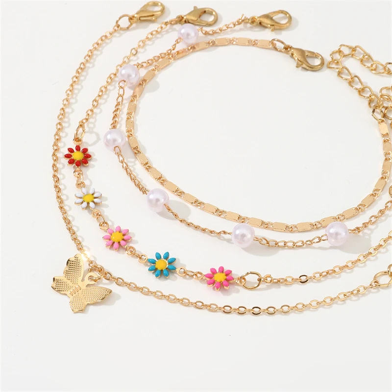 4pcs/set Fairycore Anklet with Butterfly & Florals – Delicate, Ethereal Accent for Your Every Step.