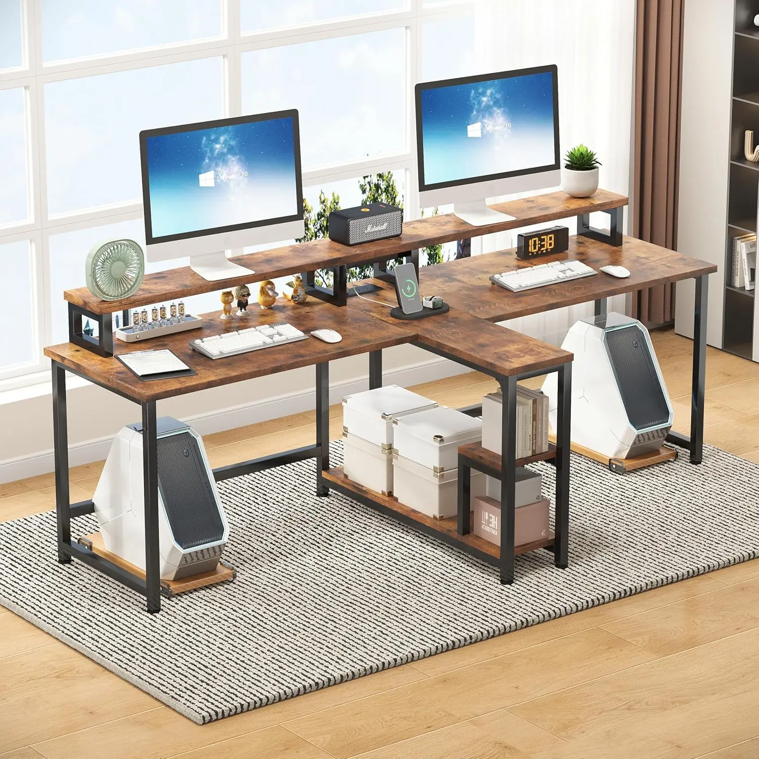 

83.7" 2-Person Double Computer Desk w/ Monitor Stand, Power Outlets, Storage Shelves for Home Office, Rustic Brown