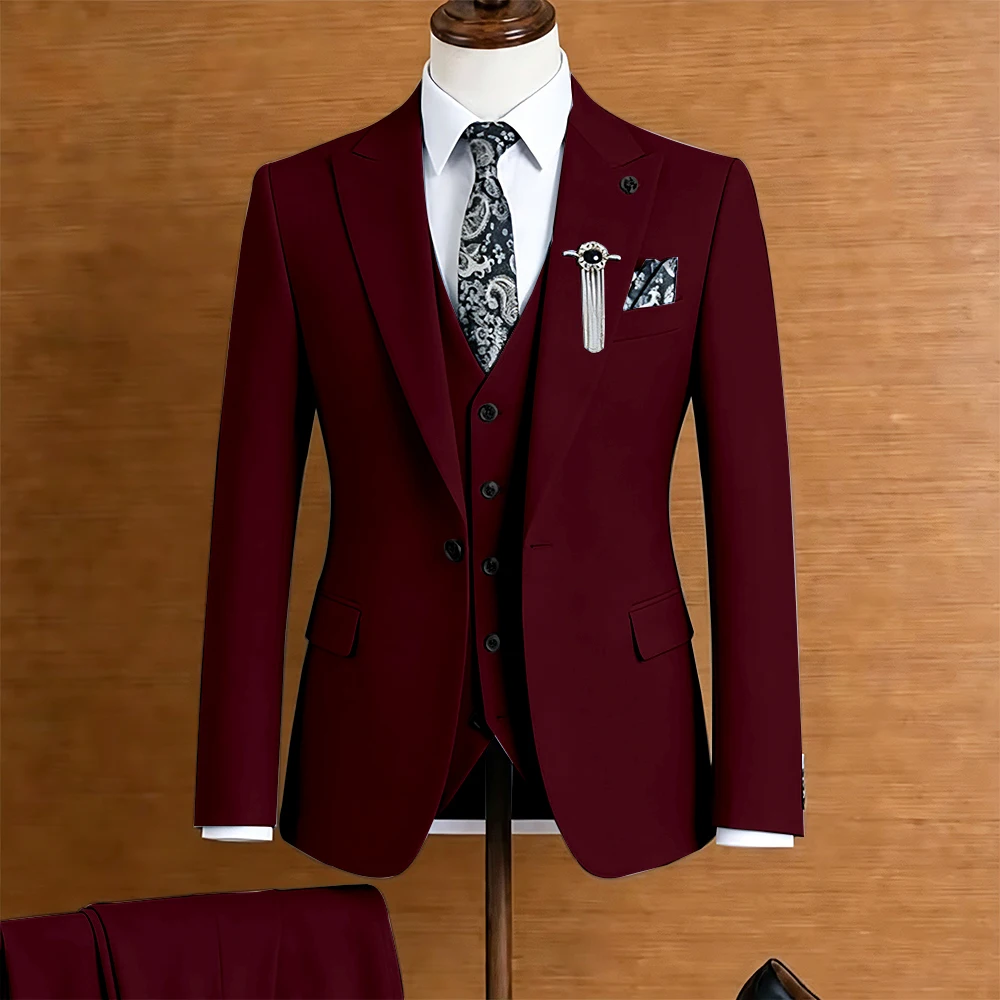 Classic Men Coffee Brown 3 Piece Suit Single Button Jacket Vest Pants Set Slim Fit Timeless Wedding Party Business Formal Outfit