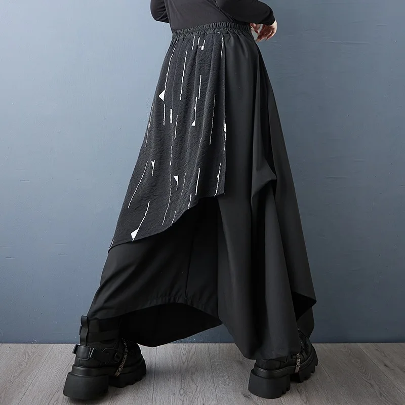 k Sle Faion Pantalones asimétricos de pierna ancha Falda de cintura alta Nine puntos Poliéster Mezcla de algodón Estampado sin piel Casual Pan...