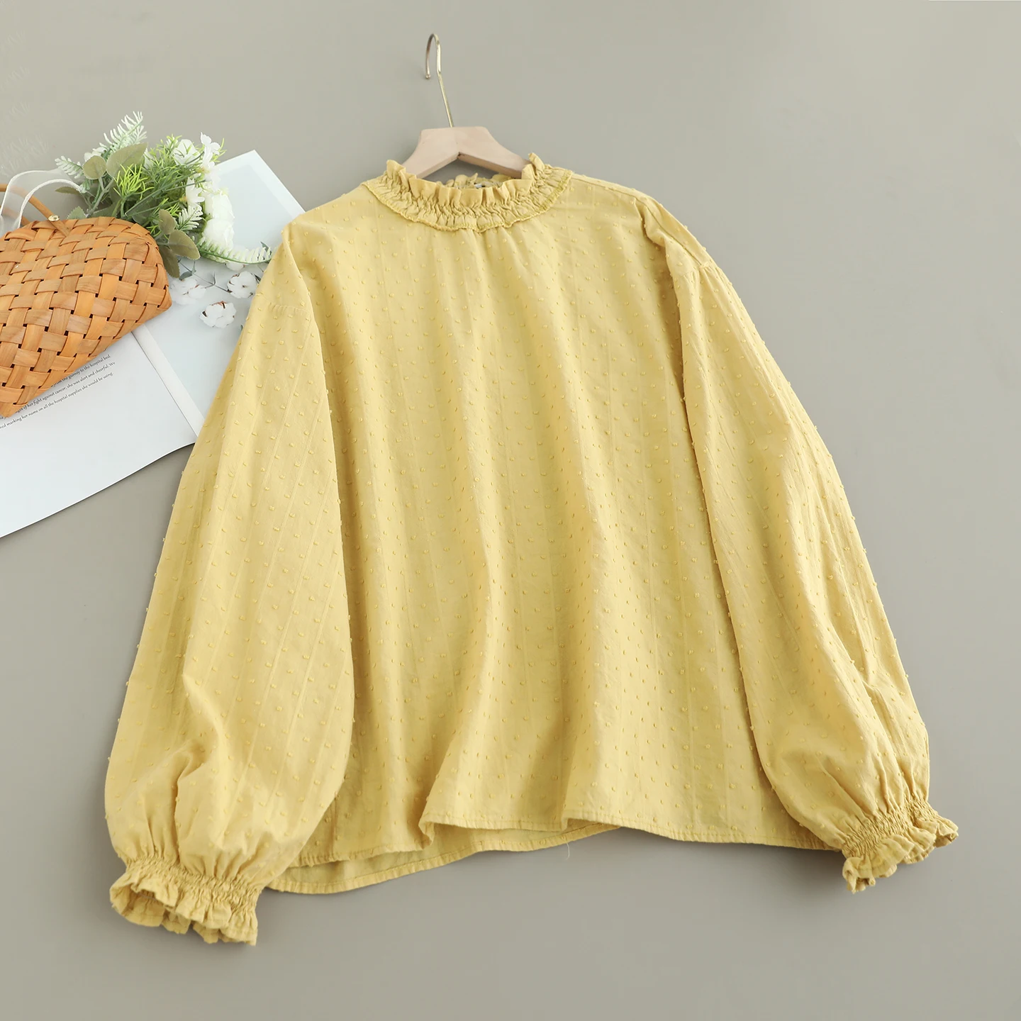 和菓子森ガール無地食用樹菌綿シャツ女性秋スタンドカラー長袖カジュアルブラウストップス