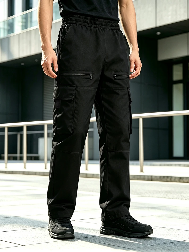 Herren Cargo-Hosen mit elastischem Bund, Kordelzug, mehreren Taschen, normaler Passform, geradem Bein, lässige Frühlings- und Herbst-Outdoor-Streetwear-Hosen – Detail 3