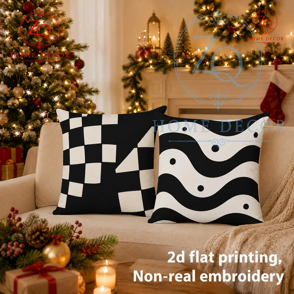 Christmasthemed pillowcases with a retro black  white checkered wave ptern  2D fl print cree a sophisticed Americanstyle home