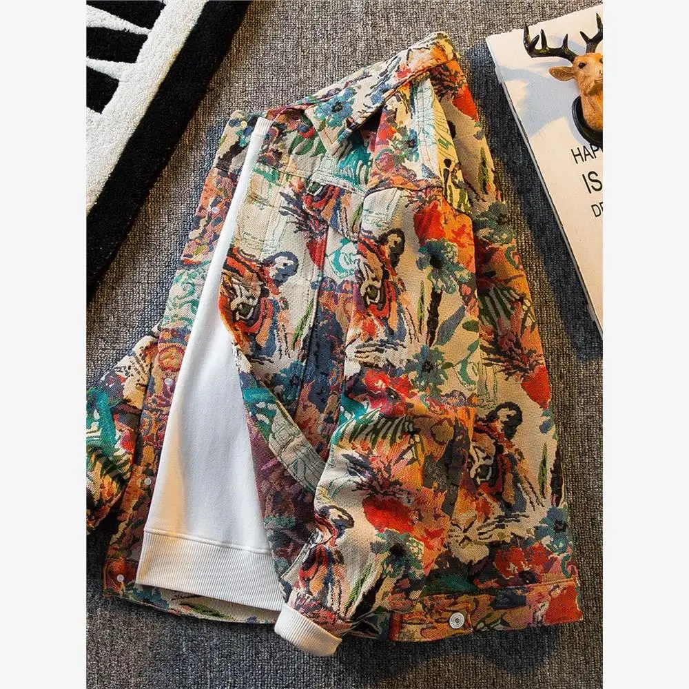

Trendy Tiger Embroidered Denim Jaet Men's Spring Autumn Casual Sle ort Coat V-Ne Svel Faionable Streetwear