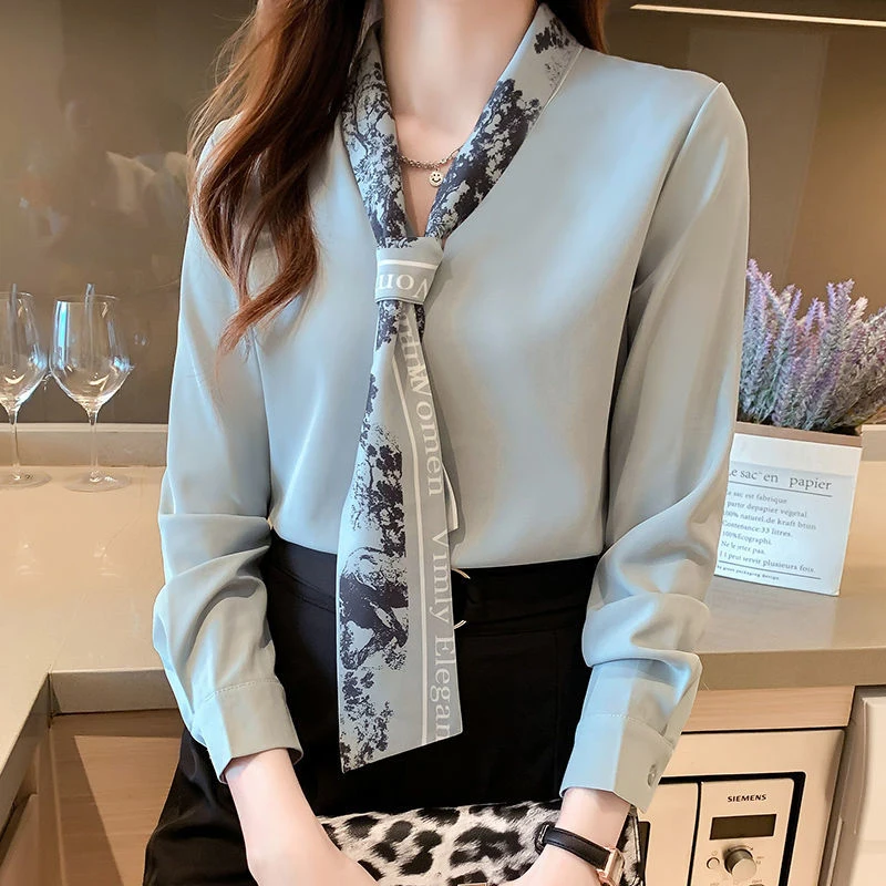 Spring Autumn Korean Fashion Scarf Collar Elegant Shirt Office Lady Long Sleeve Temperament Bottoming Blouse Women Cardigan Top