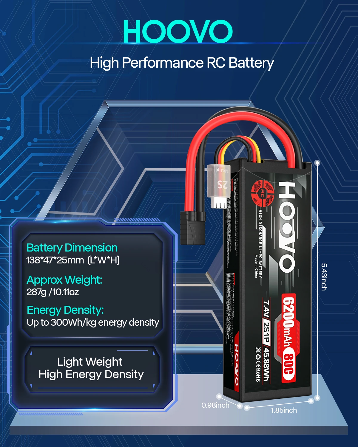 แบตเตอรี่ HOOVO 2 ก้อน 2S RC 7.4V 80C 6200mAh แบบแข็งพร้อมหัวต่อ Tracxas สำหรับรถ RC รถทรัคกี้ รถบักกี้ รถถัง เครื่องบินบังคับวิทยุ