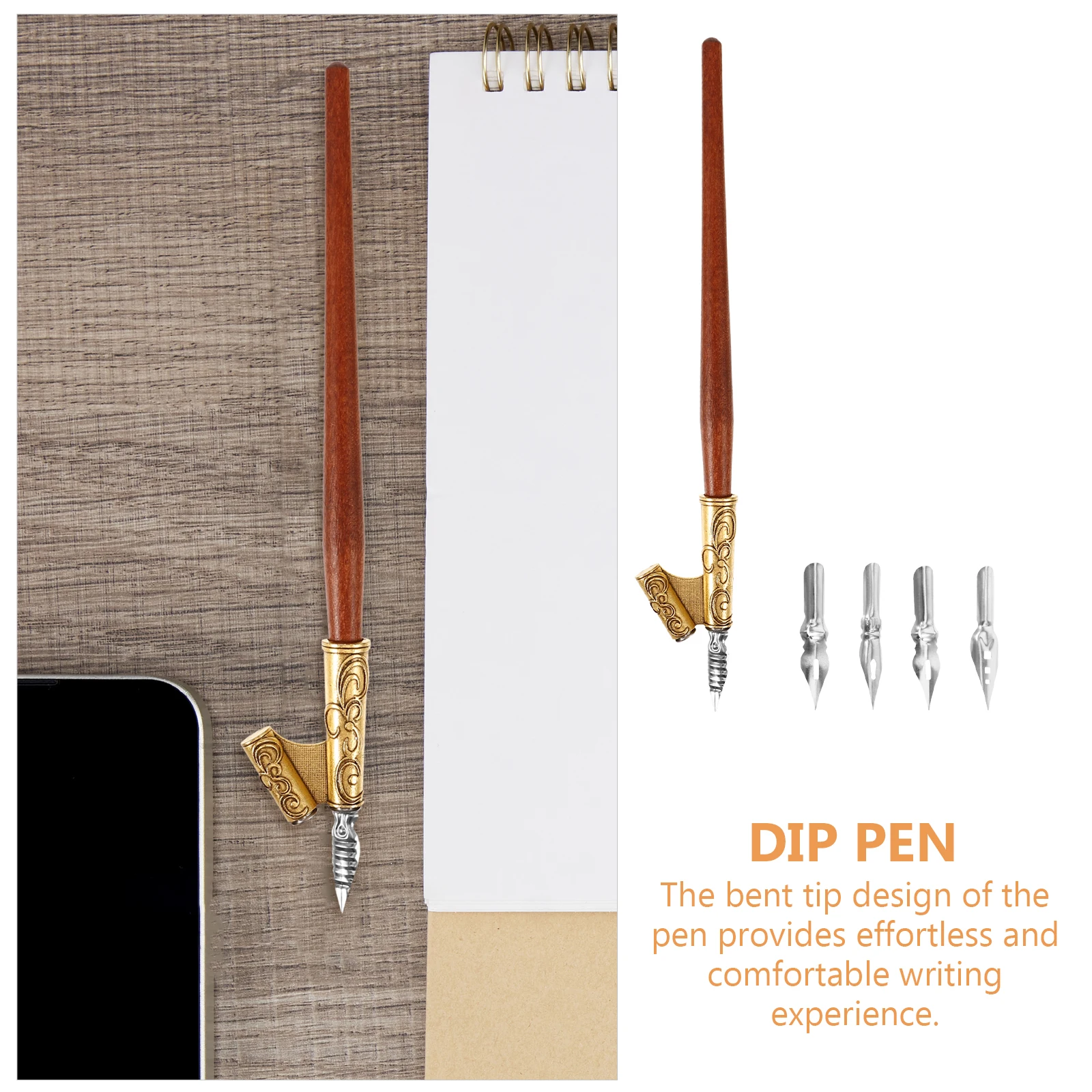 

1Set Wooden Calligraphy Dip Pen Vintage Bent Tip Drawing Signature Pen Stainless Steel Nibs Lightweight Writing Set