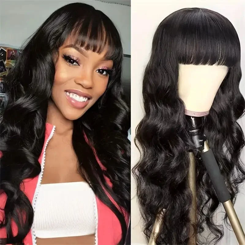 

Alimice Glueless Full Machine Made Wig None Lace for Women 180% Density Brazilian Virgin Hair Body Wave Wigs with Bangs