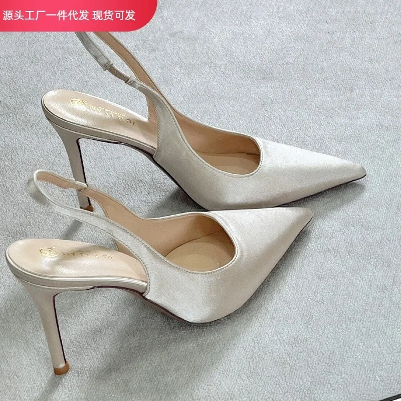 

2025 new nude color non tiring high-heeled shoes with pointed and thin heels,and a back empty flat belt with temperament sandals