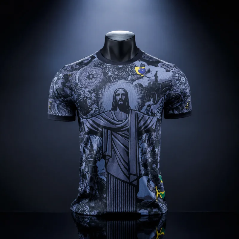 Neues 3D-gedrucktes Fußball-Trainings-T-Shirt, schnelltrocknend, atmungsaktiv, Brasilien Jesus, schwarz-grau, für Herren und Damen, Outdoor-Freizeitkleidung