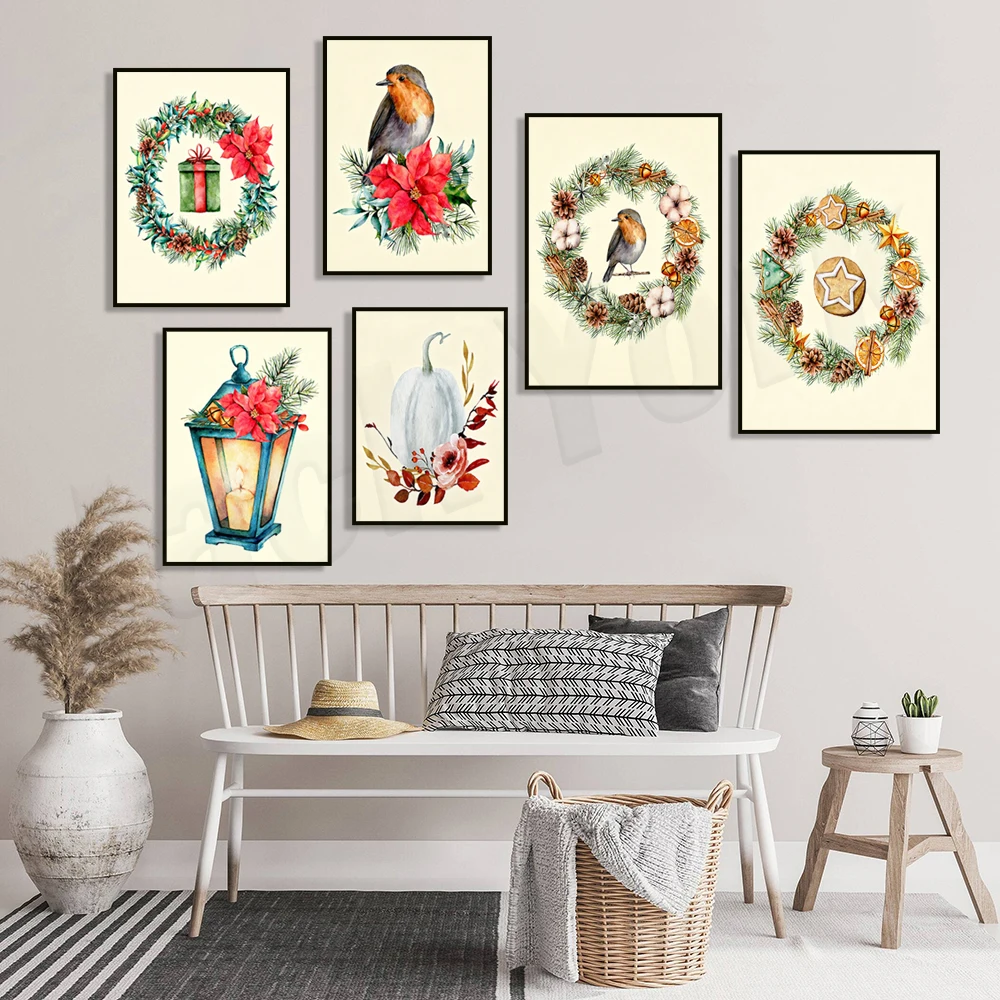 Christmas-themed artwork, featuring coffee cups, pine cones, lanterns, bells, birds, winter posters, and Christmas gifts.
