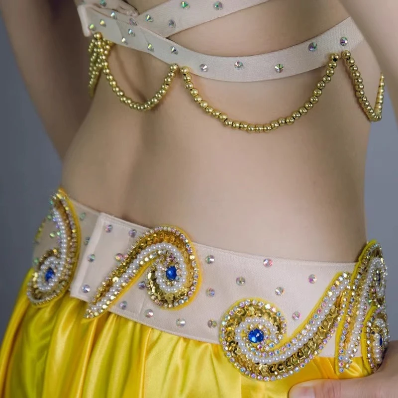 Customized Bellydance Group Costume Sexy Oriental Opening Dance Stage Dress Female Performance Costume Yellow Bra Belt Skirt Set