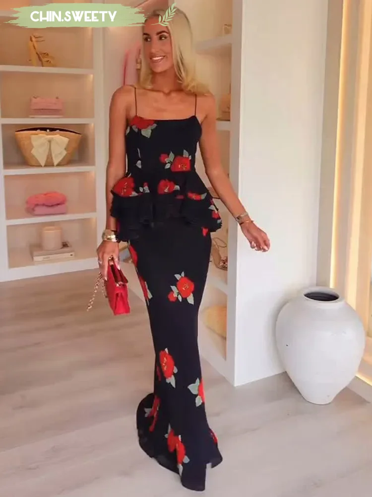 

Printed Pleated Sling Top Skirt Set Women Elegant Sleeveless Layered Ruffled Two Piece Suit 2025 New Summer Holiday Party Outfit