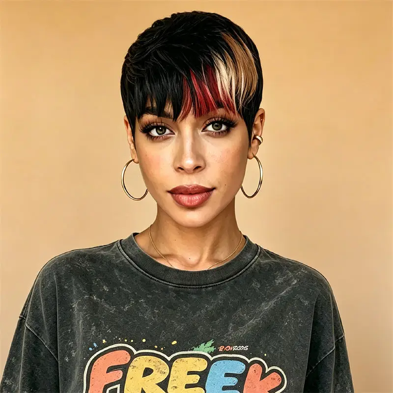 Pixie Cut Human Hair Wig Black Multi Tone Streak Dye Full Machine Made Wig Breathable Fashion Style For Women Music Festival