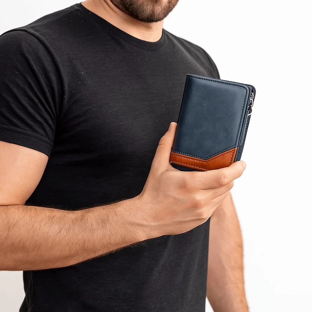 

Pu Leather Men Short Wallet Zipper Large Capacity Business Clutch Bag Multi Card Slot Color Blocking Men Card Holder Men