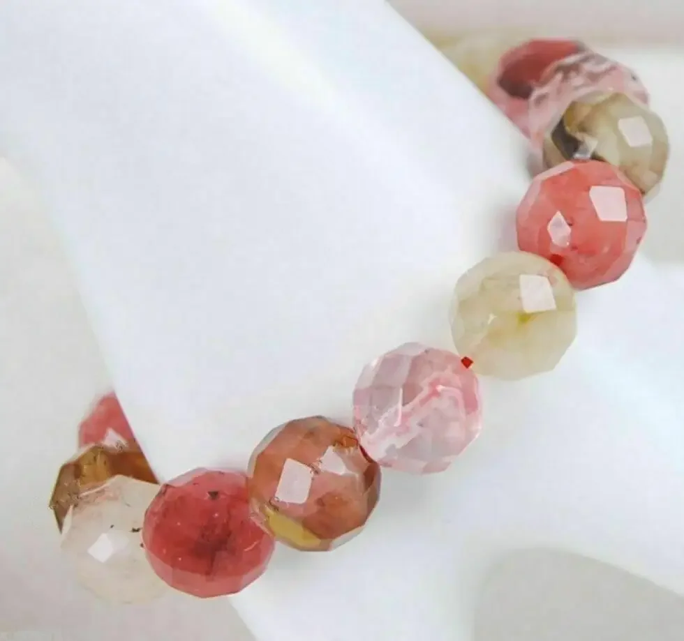 

12mm faceted watermelon tourmaline round gem Beaded Bracelet 7.5“