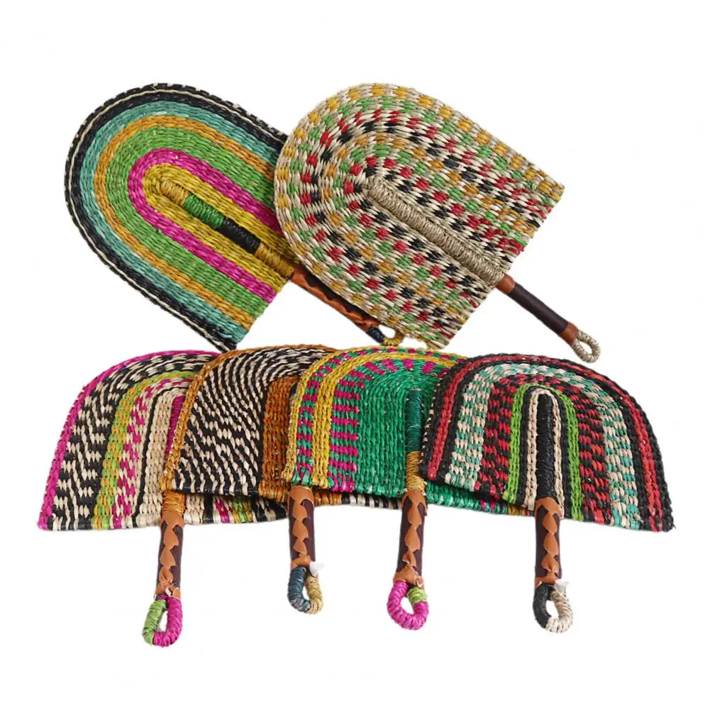 Boho Weaving Fan Handmade Straw Weaving Fan with Long Handle Natural Sea Grass Raffia Fan Semiellipse Woven Summer Party Wall