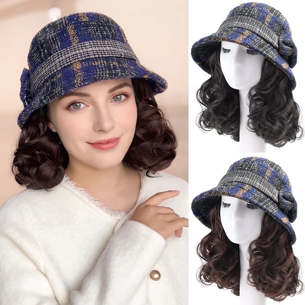 12inch Hat Wig Synthetic Short Curly Wavy Hair Wigs With Hat Fisherman's Cap Wig Hair Extension Black Brown Wig Cap