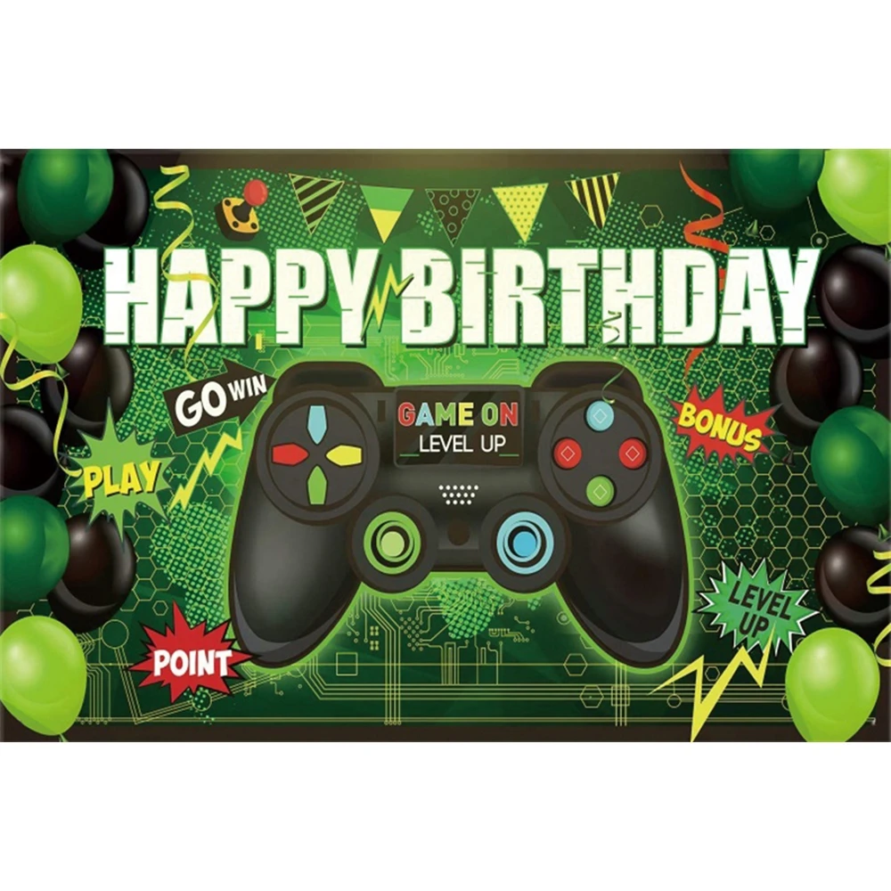 Game On Happy Birthday Backdrop Video Gamer Neon Gaming Theme Level Up Child Birthday Party Photography Background Photo Studio