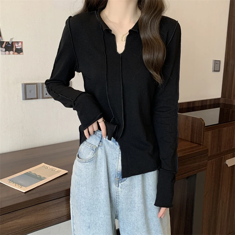 Bright Line Decoration Slim Tunic Fall Spring Long Sleeve V Neck Women T Shirts Fashion Harajuku Oversized Clothes Euro Size New
