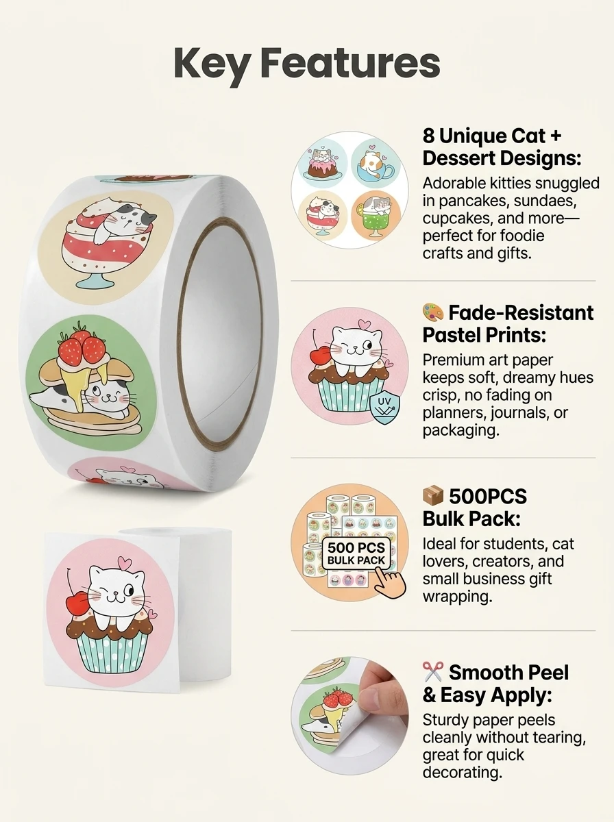 1Roll(500Pcs) Cute Cats in Cup Lovely Animal Stickers 2.5cm/1.0'' 8 Designs Decal Diy Adorn Gifts Package Home Decoration