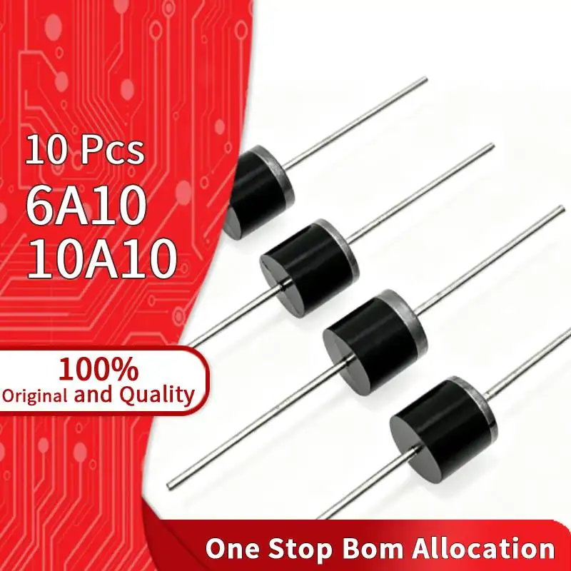 10Pcs 6A10 10A10 Rectifier Diode 1000V High Current High Voltage Power Silicon R-6 Through Hole Electronic Component Accessories