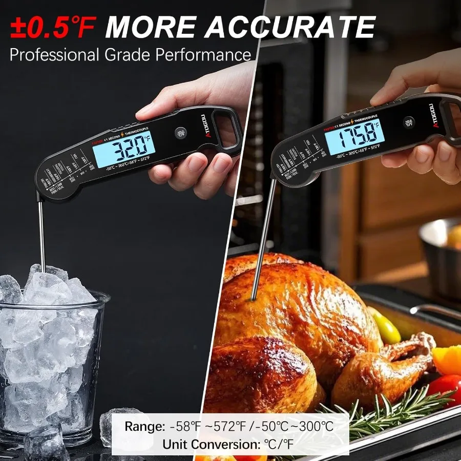 Professional Food Meat Thermometer with 1 Second Instant Read and 0.5 Accuracy Using Thermocouple Sensor IP67 Waterproof Digita