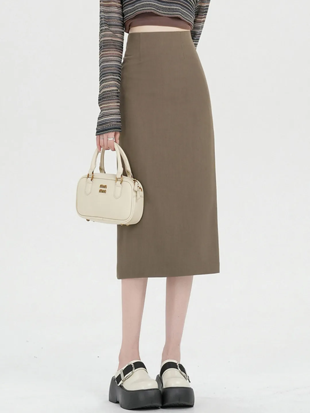 

Корейская повседневная юбка-костюм средней длины для женщин, весенняя офисная юбка с высокой талией, прямая А-образная юбка с разрезом сзади