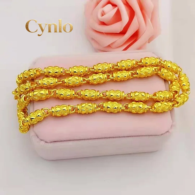 Cynlo Jewelry Men's 24K Gold AU999 Heart & Olive Bead Necklace - Even beads, heavy texture, value-preserving, for shirts & hoodi