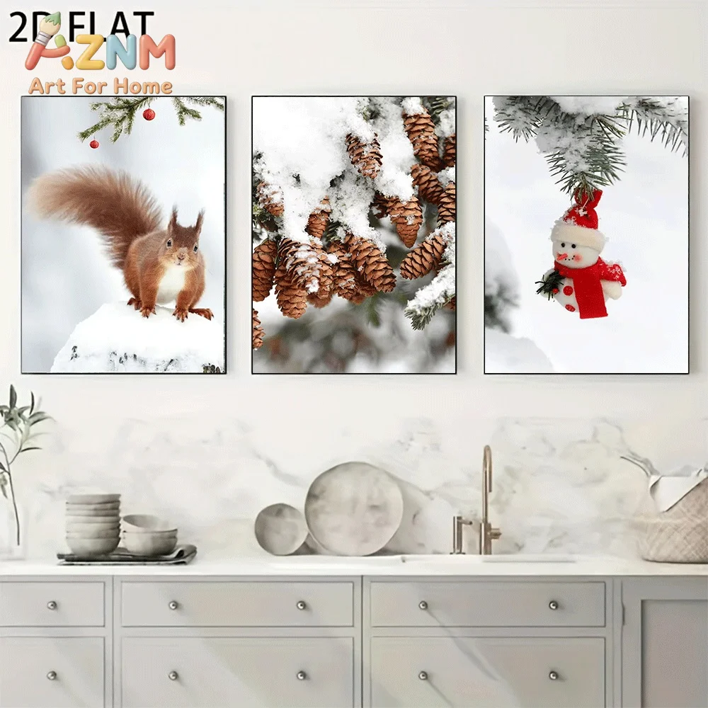 AZNM Winter Christmas Squirrel Pinecone Snowman Canvas Wall Art, Snowy Pine Branch Festive Holiday Natural Scene Illustration Pr