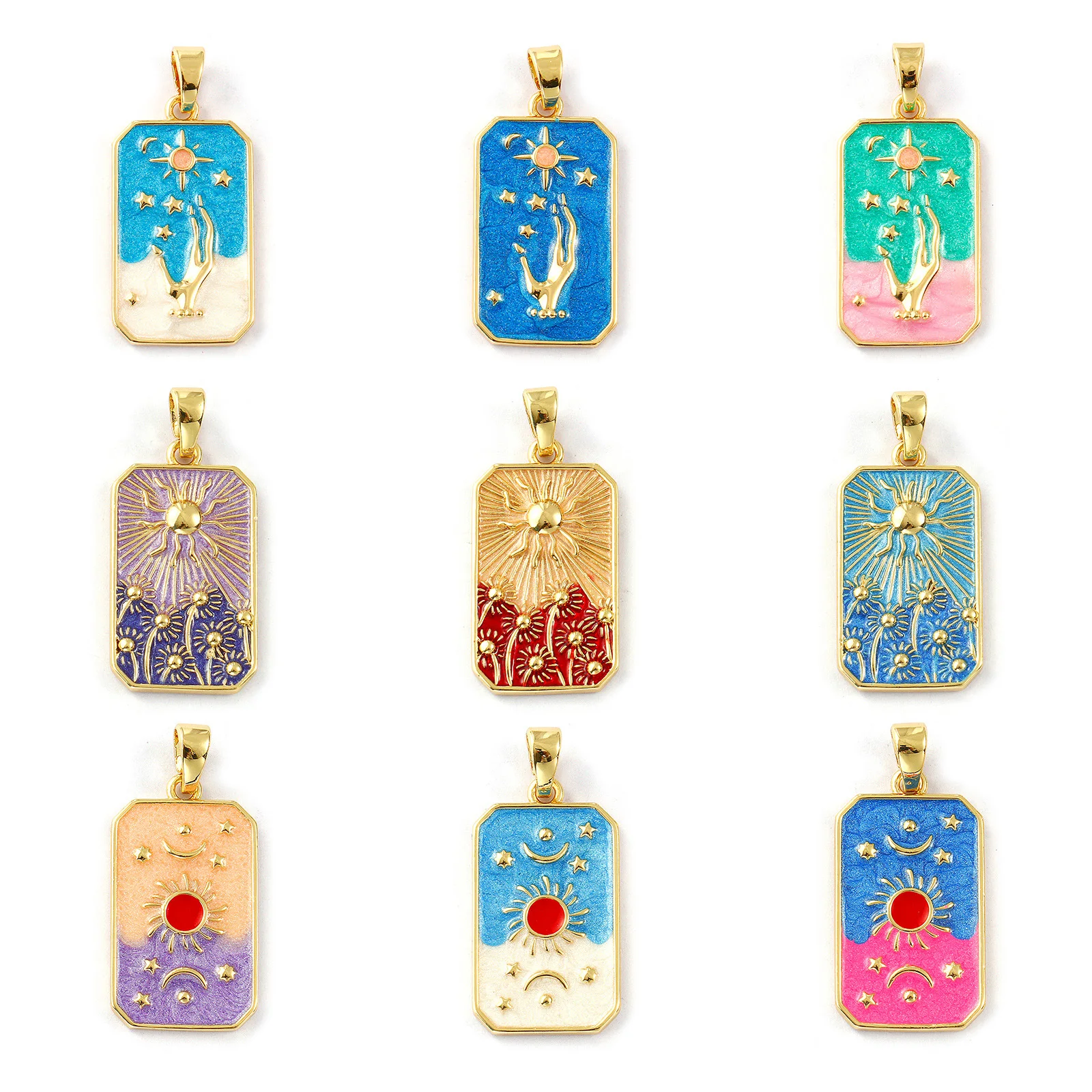 1 Piece Brass Pendants 18K Gold Plated Enamel Octagon Pearlescent Sun Sunflower Star Moon Charms For DIY Necklace 3.5cm x 1.6cm