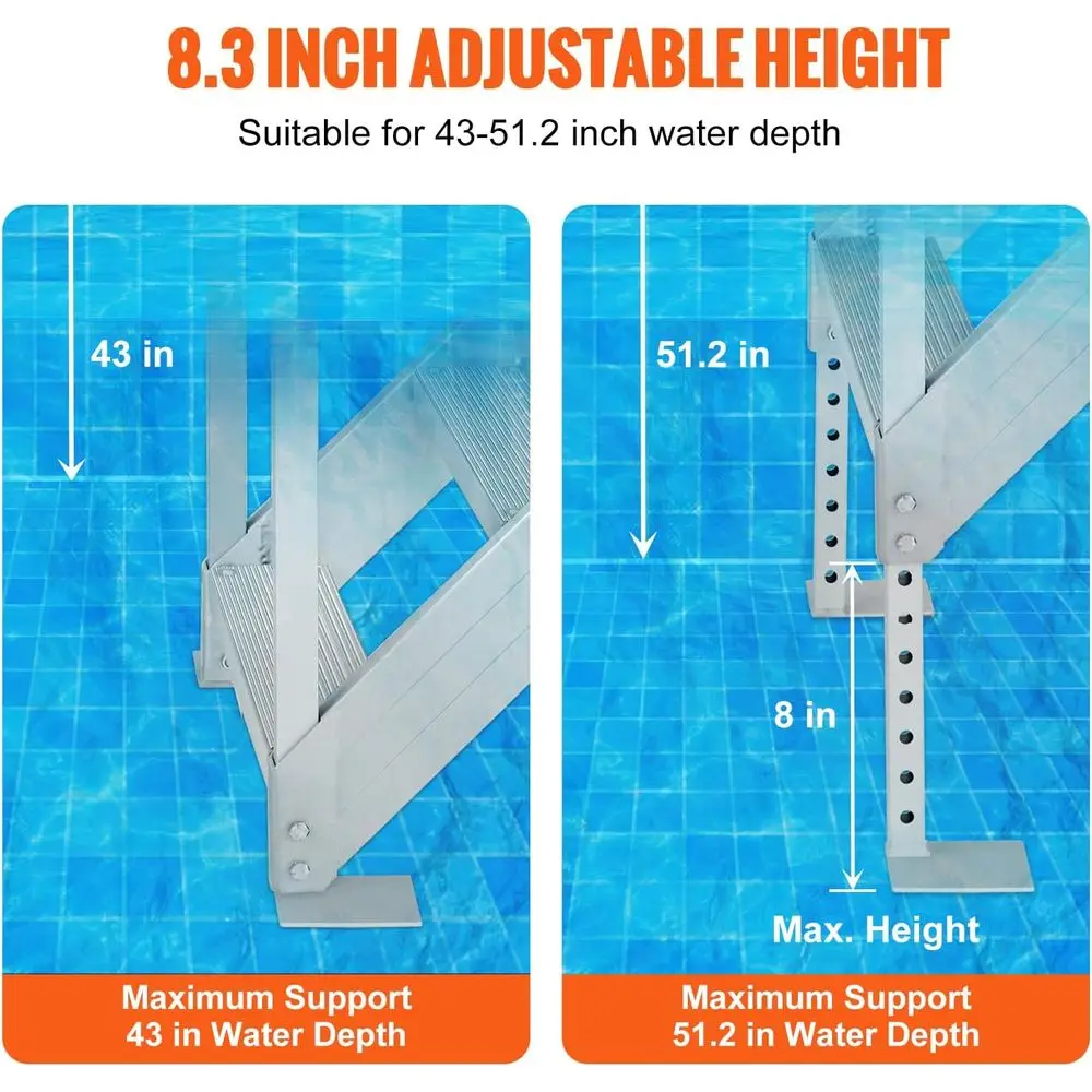 خطوات حمام السباحة بوزن 500 رطل، سلالم قاعدة من الألومنيوم بارتفاع قابل للتعديل مع درابزين ودواسات واسعة غير قابلة للانزلاق للبحيرة وحمام السباحة والبحرية والمركبات الترفيهية،