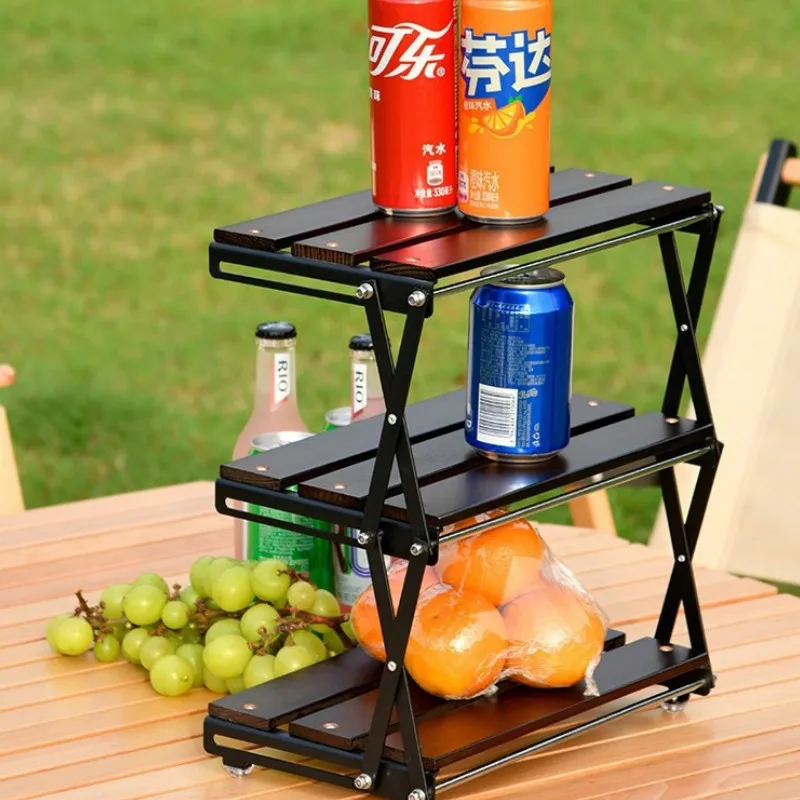 Metal Three Tier Folding Shelf Multifunctional Outdoor Camping Storage Rack Expandable Desktop Folding Wooden Folding Shelf