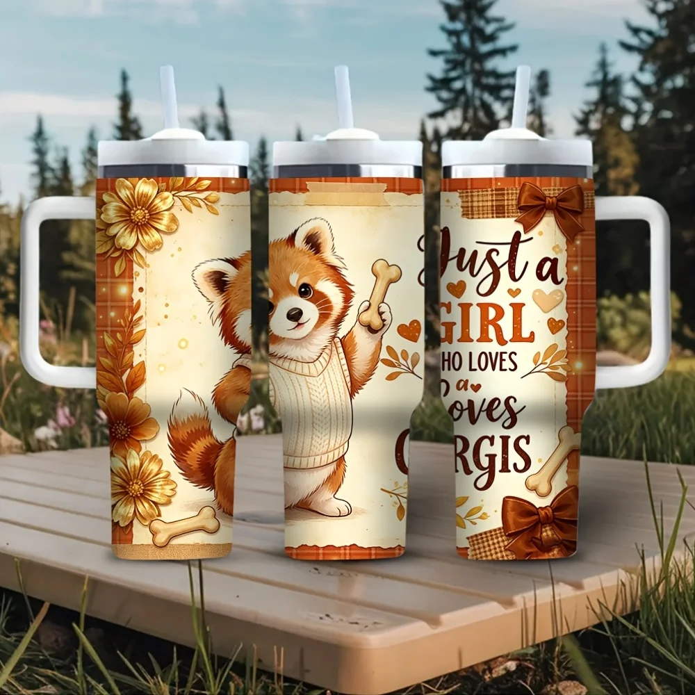 40Oz Tumbler with Handle, Lovely Corgi Themed Print Cup Suitable for Both Hot And Cold Drinks, Perfect for Corgi-Loving Girls for Daily Use And Outdoor Activities