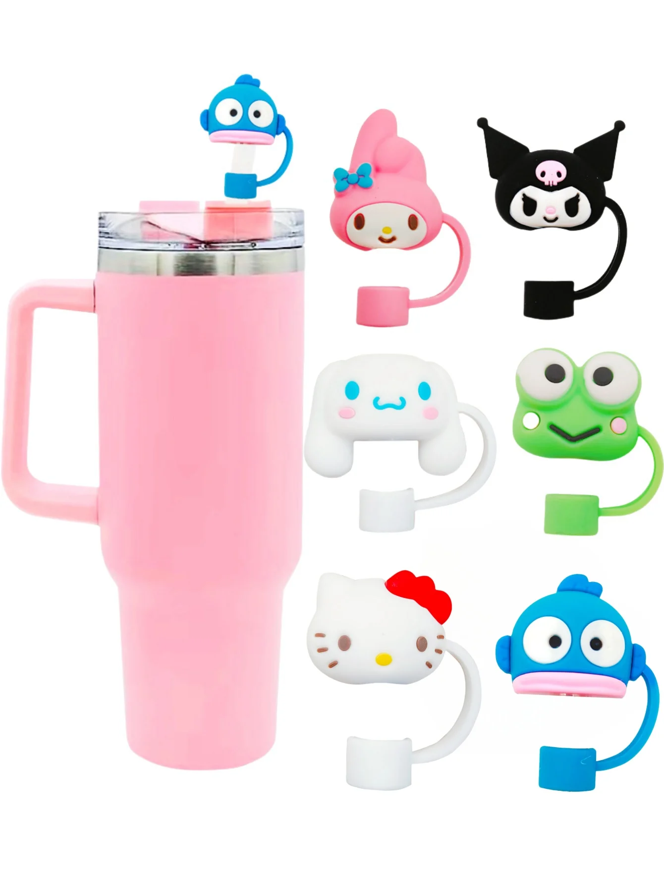 

1/6pcs Sanrio Hello Cute Kitty & Kuromi PVC Straw Covers - Reusable Cartoon Drinking Straw Dispensers With Toppers