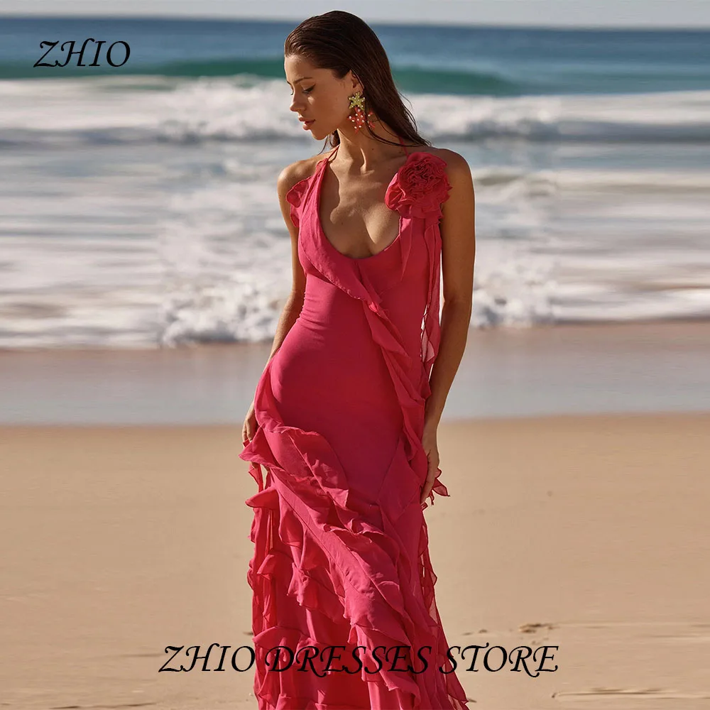 ZHIO الوردي الرسن الرقبة فستان ماكسي العميق الخامس العنق كشكش تقليم زهرة زين فلوي الشيفون شاطئ ثوب مسائي مخصص