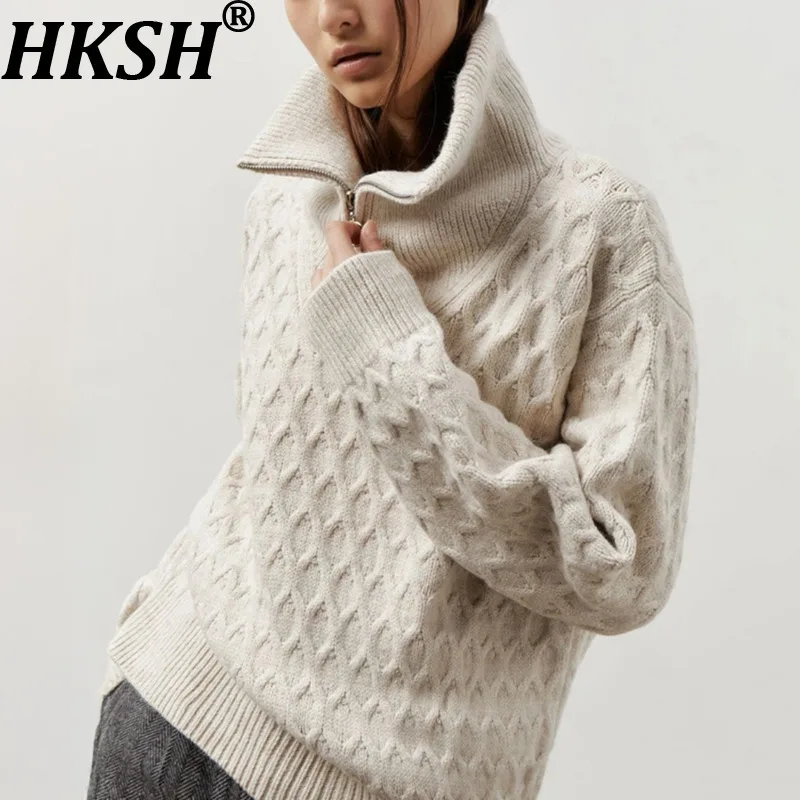 

HKSH 2025 Autumn Winter New Women's Sweater Turtleneck Pullover Half-Zipper Korean Casual Versatile Elegant Knitted Tops HK14214