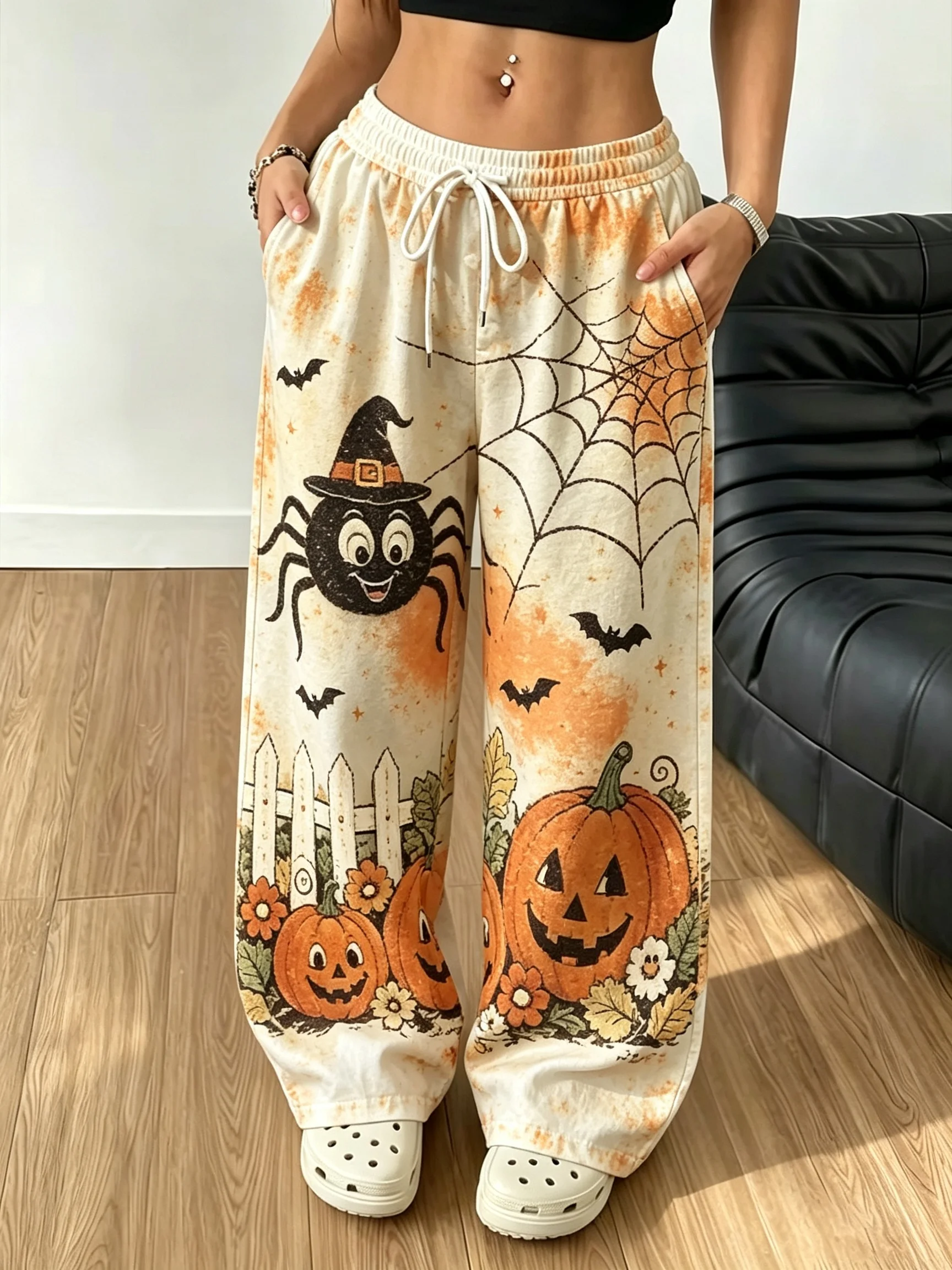 Women's Plus Size Wide- Trousers - Wide- Bat & Jack-o'-Lantern Print Pants Suitable for Halloween Parties