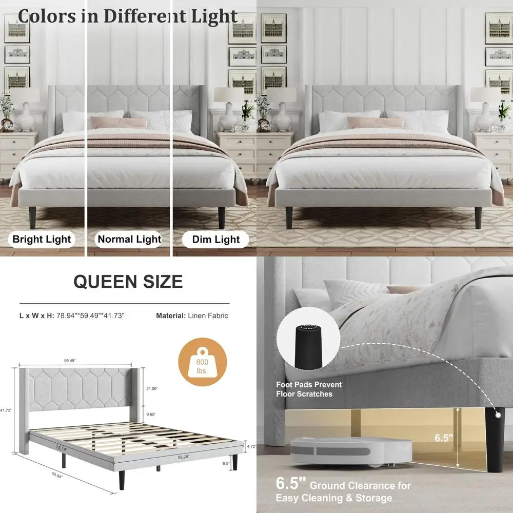 

Light Gray Velvet Upholstered Queen Platform Bed with Wooden Slats, No Box Spring Needed