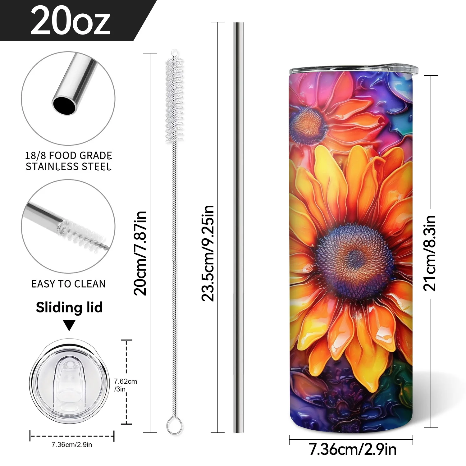 1pc Vibrant Sunflower 20oz Stainless Steel Tumbler with Lid & Straw - Double-Wall Vacuum Insulated, Outdoor Beverages, Cheerful Drinkware, Material, Home Beverage Container, Stylish Drinkware, Durable Construction, Reusable Drinkware, Home Users
