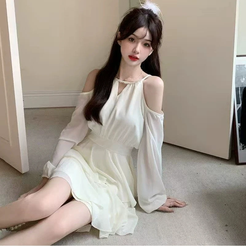 Women's White Cold Shoulder Mini Dress Beaded Halter V Neck Long Puff Sleeve Layered Ruffle Hem Chiffon Dress for Summer Party