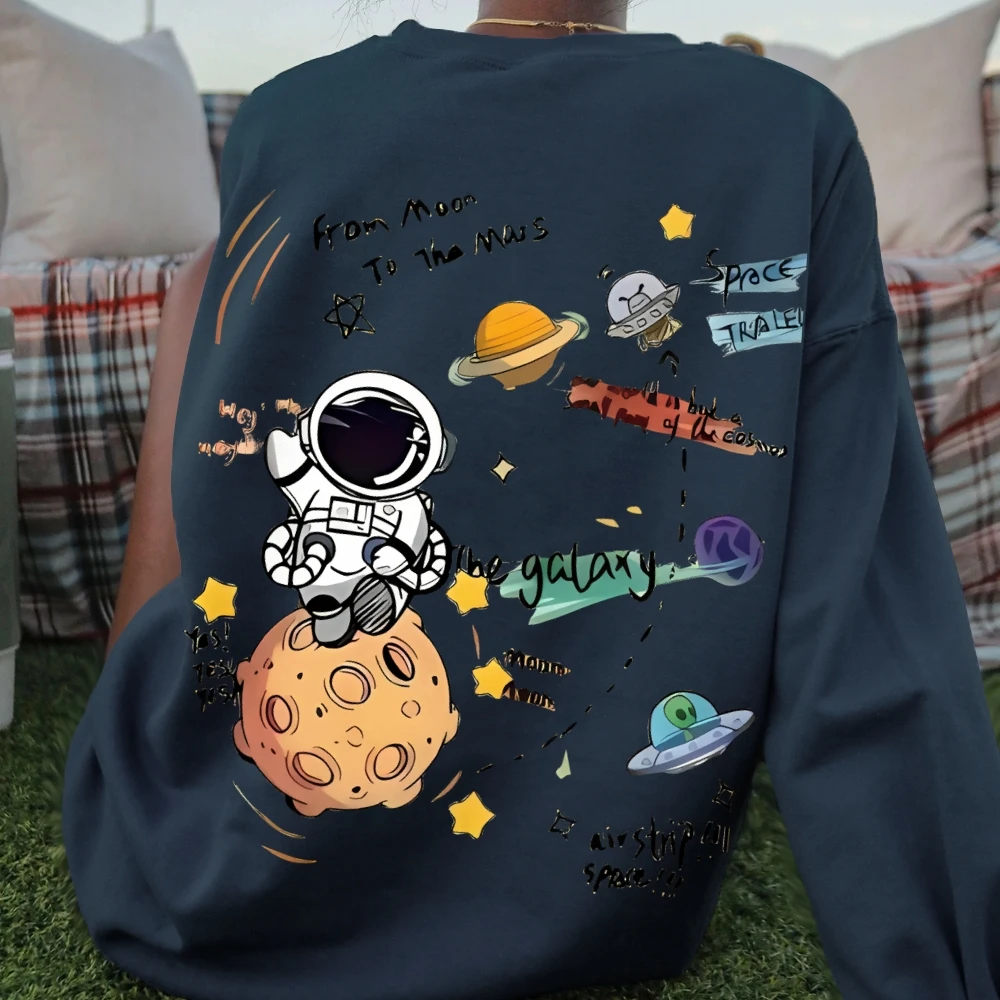 Cartoon Astronaut Space Adventure Print Sweatshirt Casual Style Long Sleeved Hoodie Comfortable Loose Unisex Classic Pullover