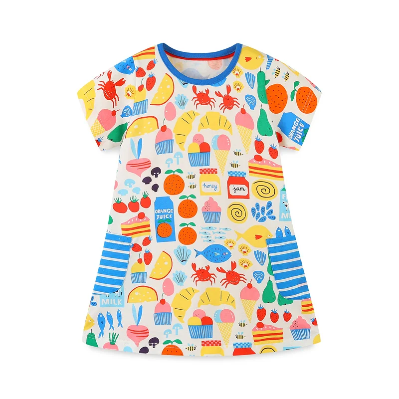 Jumping Meters Baby Dresses Pockets Fruits Print Summer Short Sleeve Cotton Short Sleeve Hot Selling Children\'s Costume Frocks