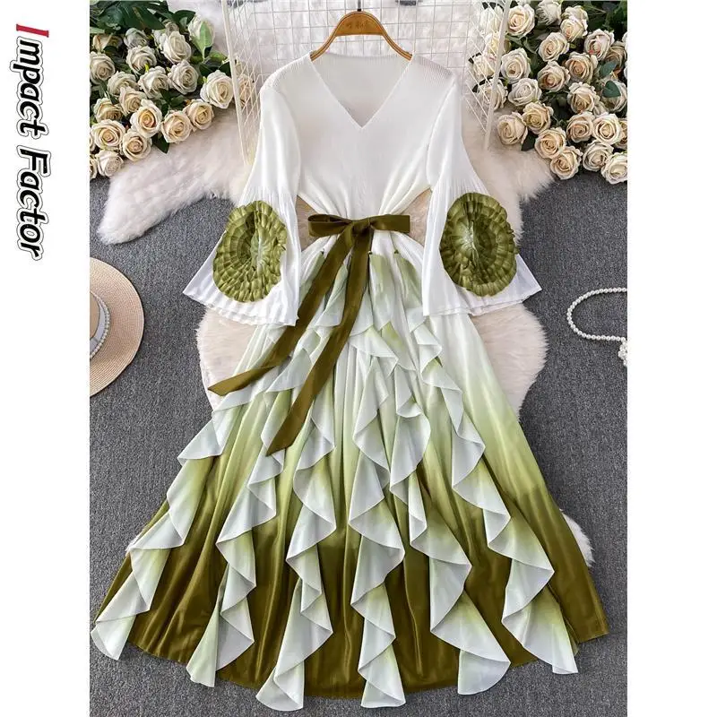 Miyake Ruffle Edge Dress Women's Spring and Autumn Waist Thin Horn Sleeves Gradual Change Color Long Temperament Wear Dress