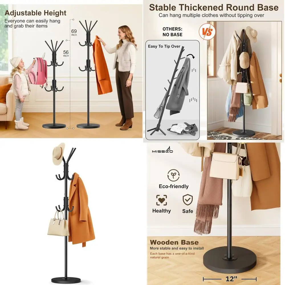 

Sturdy Wooden Base Black Coat Stand with 12 Hooks for Stylish Entryway or Bedroom