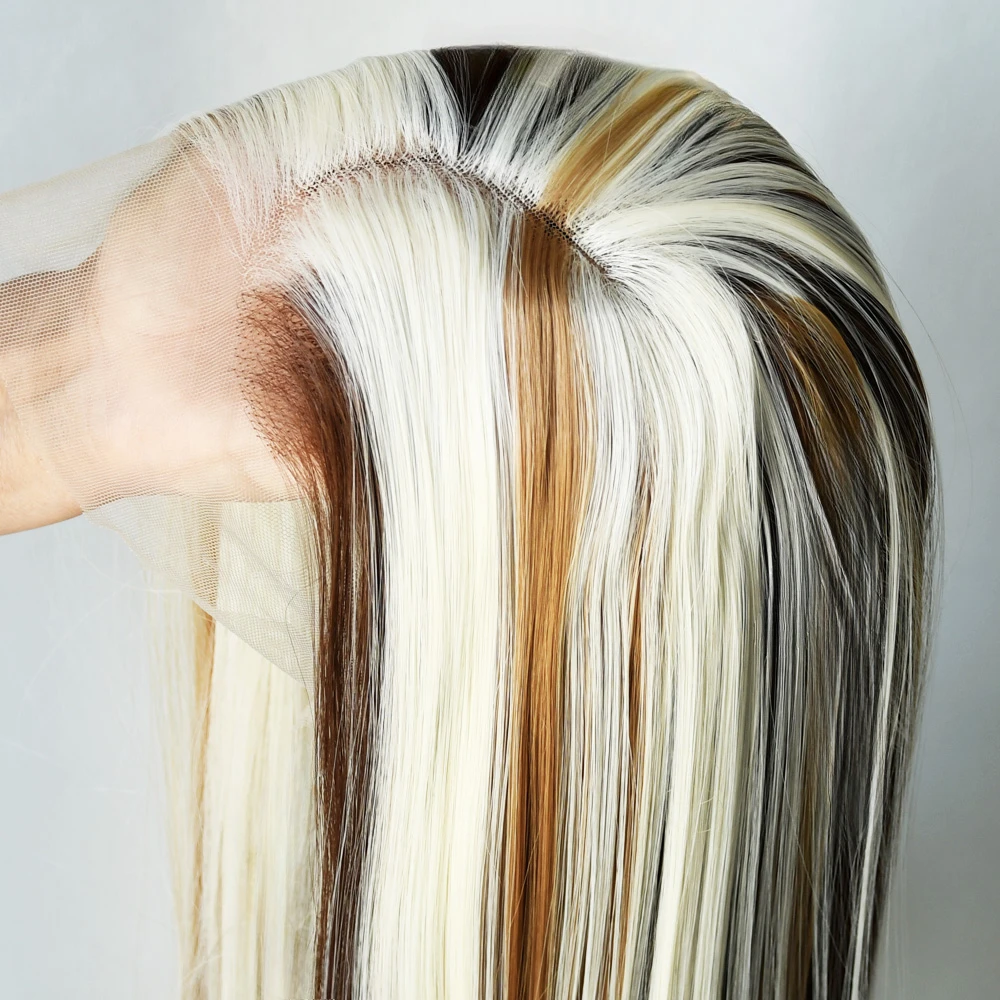 Highlight Blonde Perücke 13x4 Braun Farbige HD Transparent Gerade Spitze Front Perücken Für Frauen Vor Gezupft Spitze Frontal perücke Synthetische