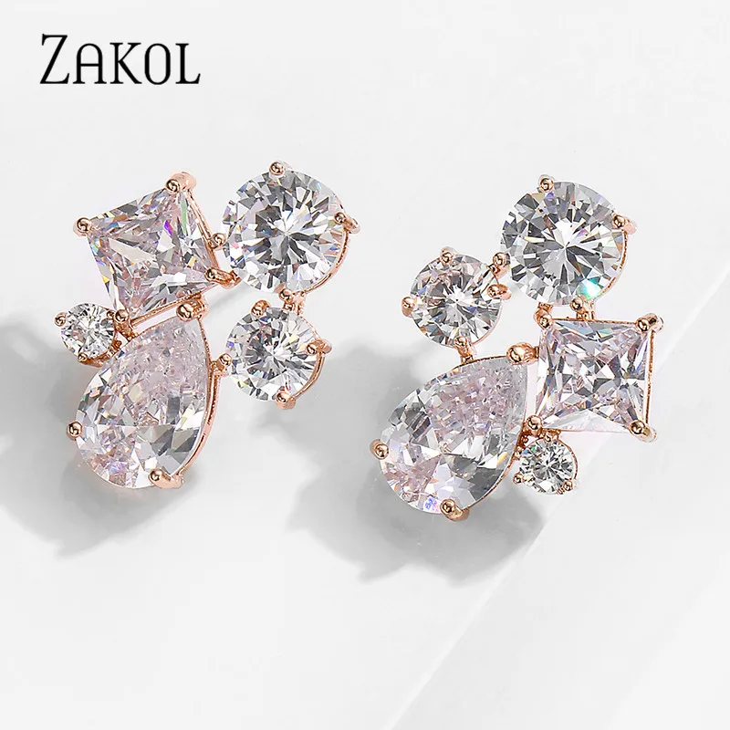 ZAKOL Brand Trendy Geometric Zirconia Crystal Stud Earrings For Women Fashion Cz Wedding Statement Jewelry FSEP2419